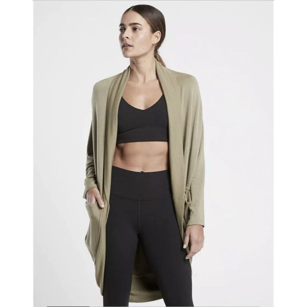 ATHLETA‎ ETHEREAL COCOON WRAP OPEN CARDIGAN SWEATER Shadow Olive Size XXS / XS